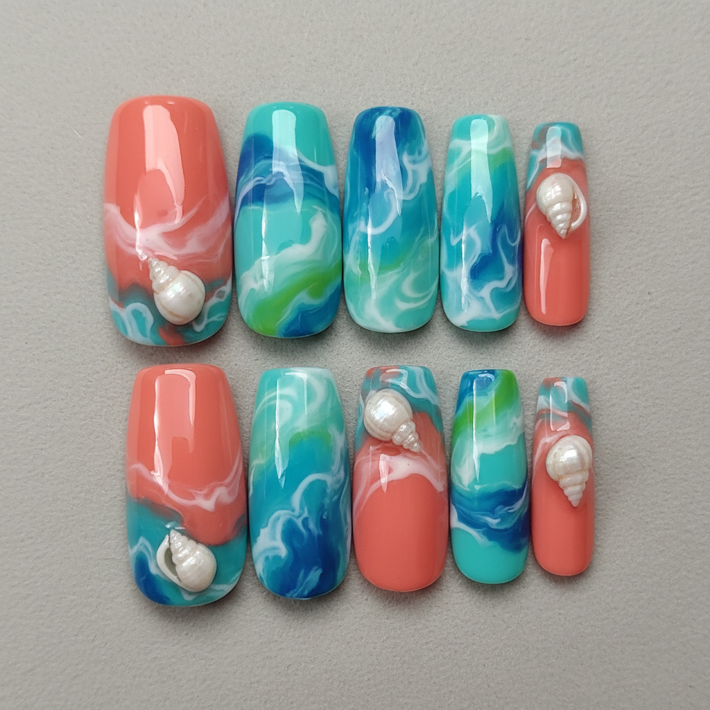Vibrant coral nail art with geometric pattern on long oval nails