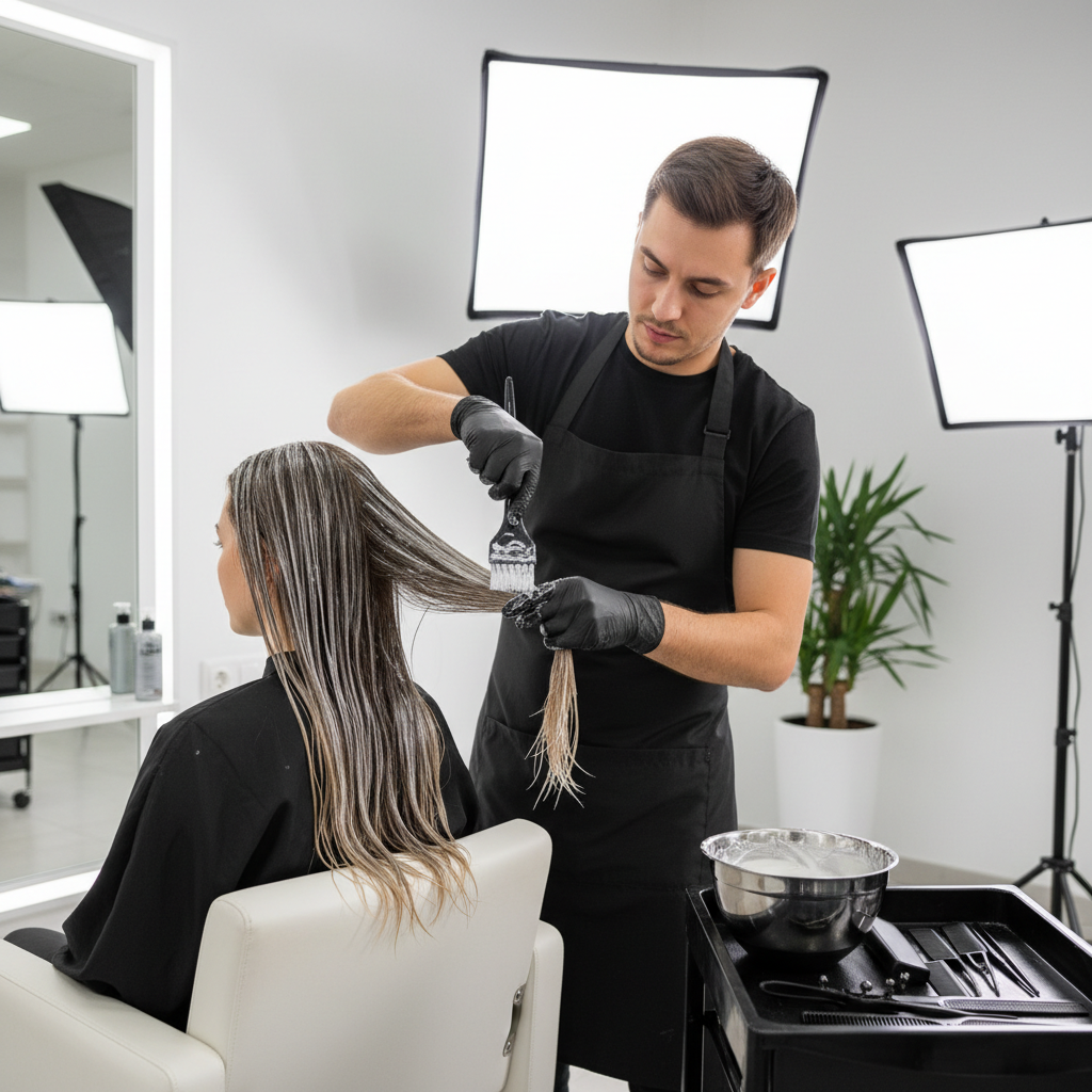 Stylist applying hair treatment