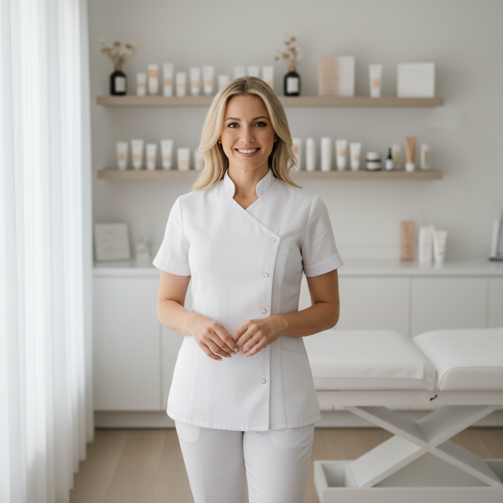 Amara Williams, licensed aesthetician with glowing skin in spa uniform