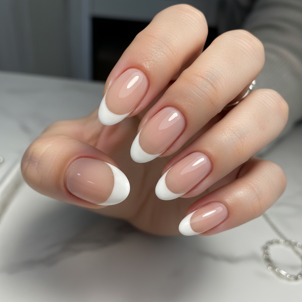 French tip gel manicure on elegant tapered nails — classic and refined