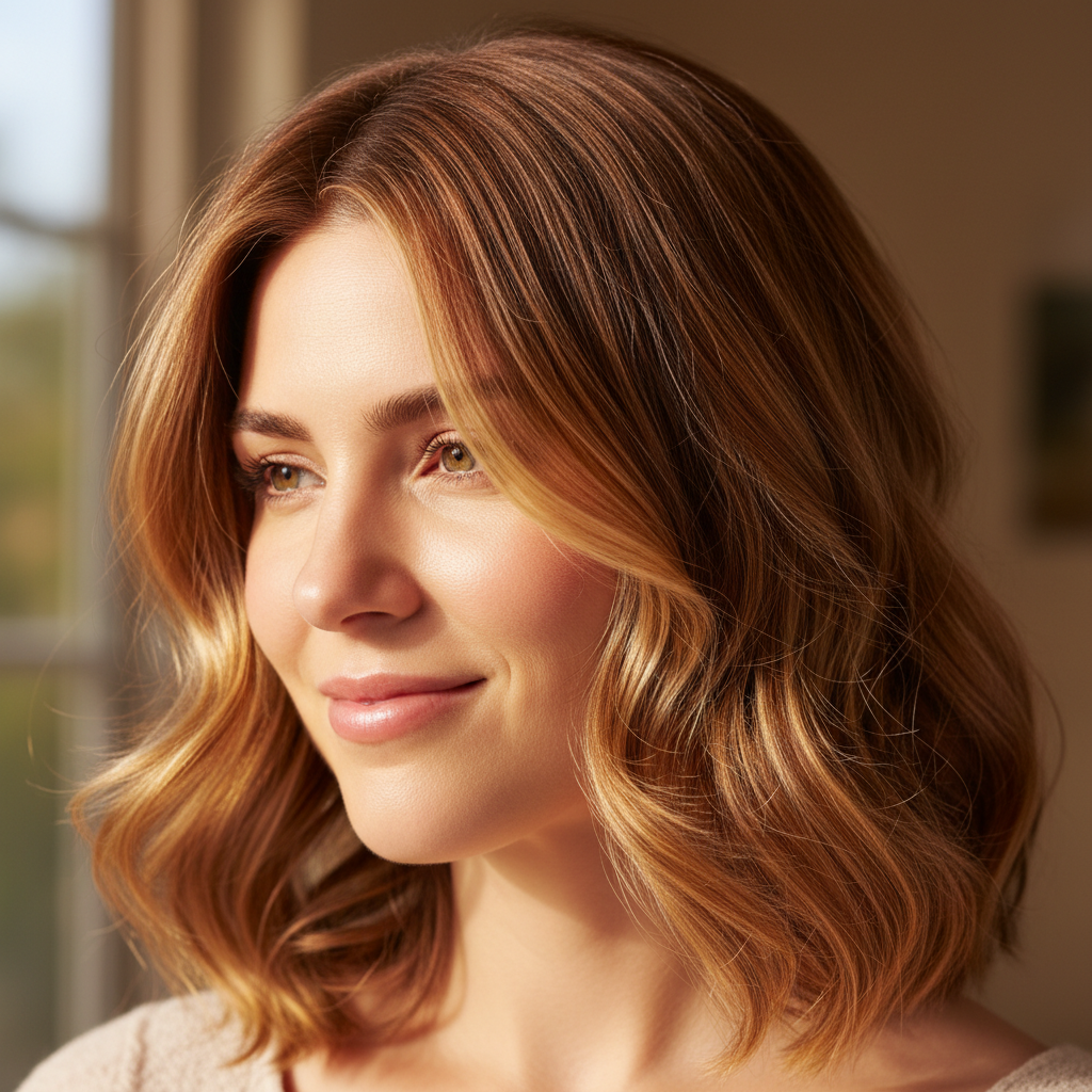 Warm balayage highlights on long brunette hair — sun-kissed color effect