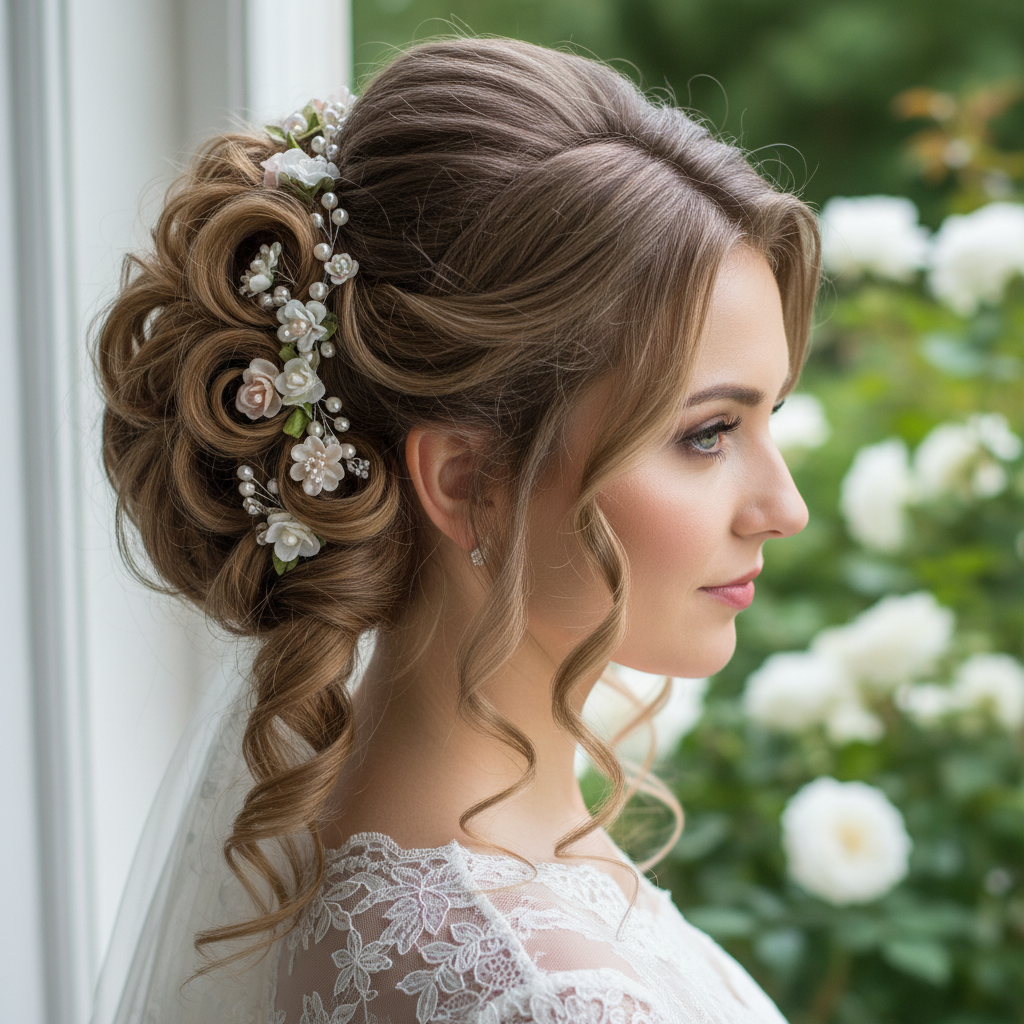 Bridal hair updo with delicate floral pins — elegant wedding hairstyle