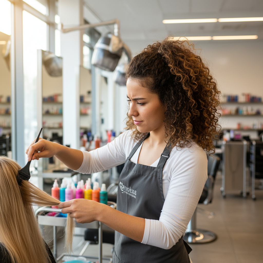 Priya Kapoor, hair color specialist with vibrant hair in a salon